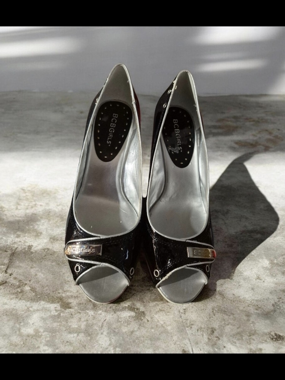 BCBGirls Black Patent Leather Peep-Toe Heels with Silver Accents